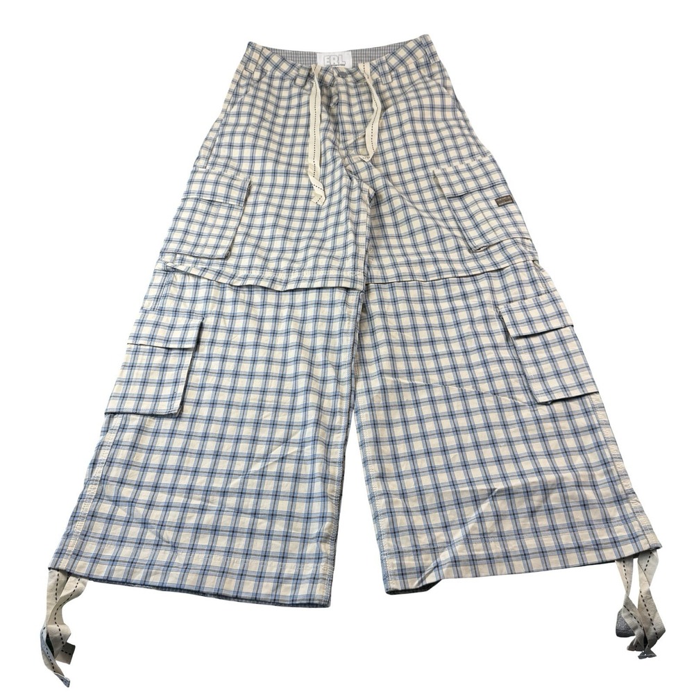 ERL Tan Blue Brown Checked Cotton Convertible Wide Leg Mens Pant XL ERL10-T001